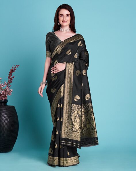 Saree Mall Black Embellished Saree With Unstitched Blouse