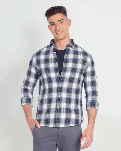 Buy Mens Twill Blue and White Check Shirt Online
