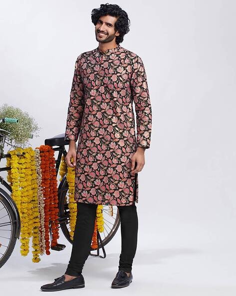 Men Floral Print Churidar Kurta Set