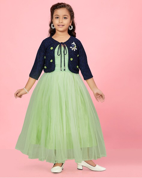 Girl's Cotton Embroidered Sleevless Long Frock Style Dress with Jacket |  amofrk_4_Blue_11-12 : Amazon.in: Clothing & Accessories