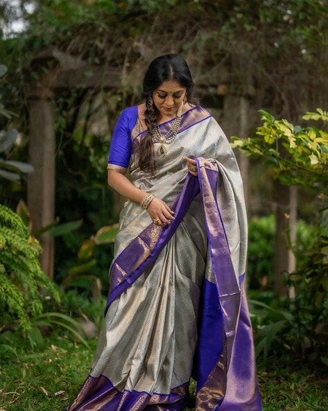 Silver Border Silk Saree Blouse Designs for Wedding