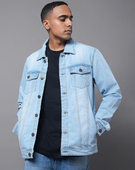 Men Regular Fit Denim Jacket with Flap Buttoned Pockets