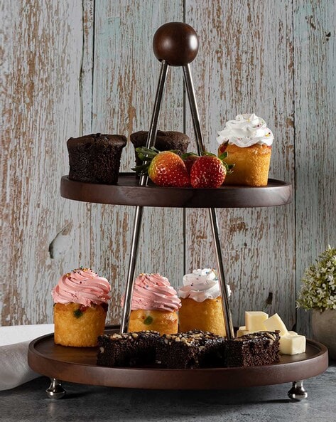 19 in 3 Tier Brown Black Round Natural Wood Dessert Stand Centerpiece