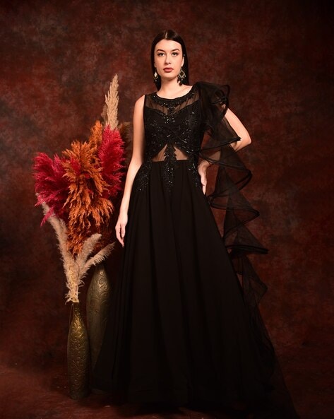 Black Colour Faux Blooming With Coding Sequins Embroidered Work Gown-hkpdtq2012.edu.vn