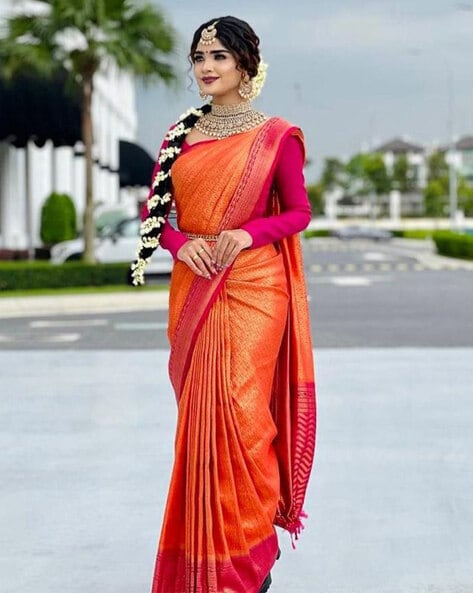 11 Chic Contrast Blouse Ideas For Orange Sarees • Keep Me Stylish | Unique  blouse designs, Saree blouse designs latest, Designer blouse patterns