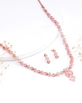 giva Sterling Silver Rose Gold-Plated Stone-Studded Necklace & Earrings Set-picture-30