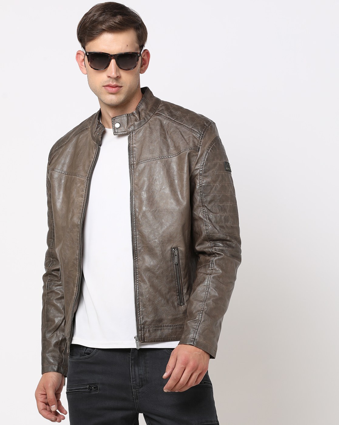 Men Regular Fit Zip Front Biker Jacket