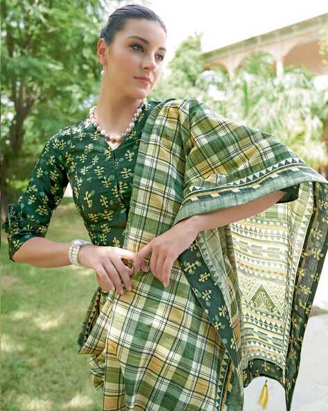 Buy Online Pink and Blue Checker Kanjivaram Silk Saree in USA |Green Border  – Pure Elegance