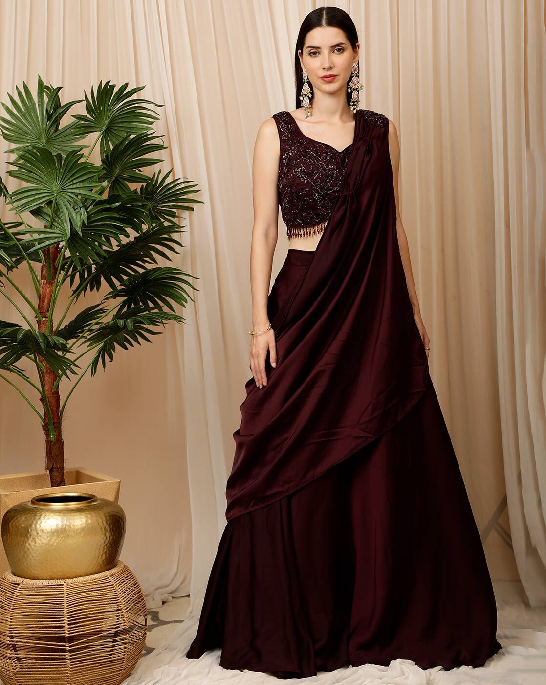 Sequins Faux Crepe Lehenga Choli in Wine -