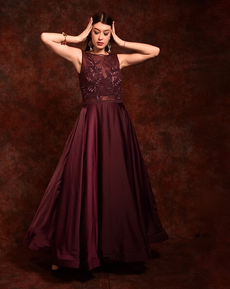 Buy Vishudh Maroon Embroidered Maxi Dress for Women Online at Rs.919 - Ketch