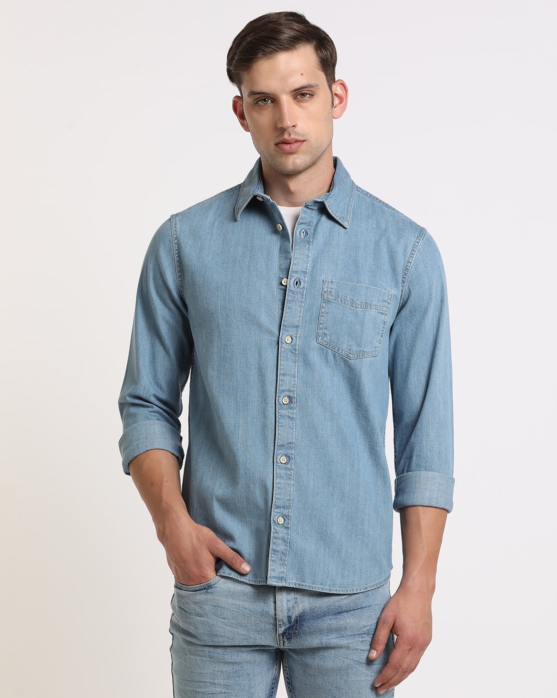 Forca by Lifestyle Light Grey Regular Fit Denim Shirt