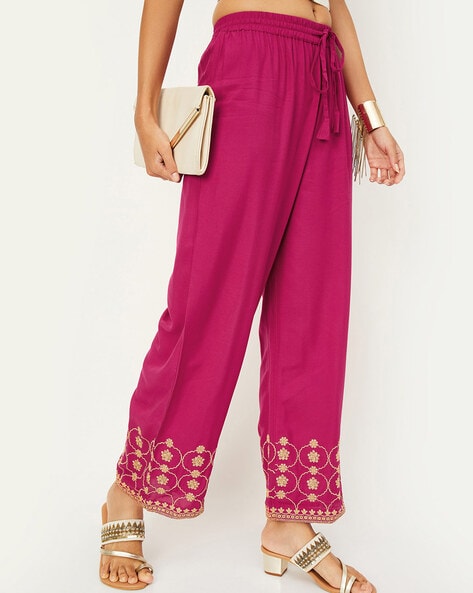 Dark Pink Embroidered Straight Pants