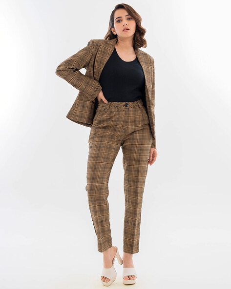 Allegra K Women's Tartan Plaid Pants Elastic High Waist Straight Long  Trousers - Walmart.com