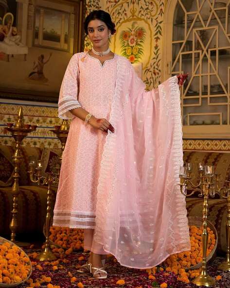 Buy Powder Pink Anarkali Suit In Cut Dana Embroidery, It Is Crafted In  Chiffon With Full Sleeves And Round Neckline