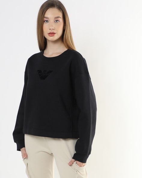 Buy EMPORIO ARMANI Regular Fit Blended Sweatshirt Black Color Women AJIO LUXE