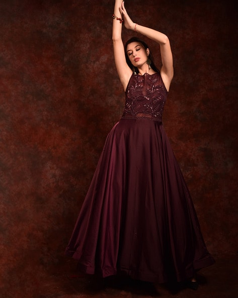 Buy online Maroon Self Design Gown Dress from western wear for Women by  Eavan for ₹1679 at 40% off | 2024 Limeroad.com
