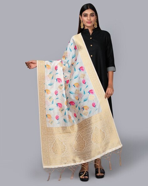 Women Floral Woven Dupatta with Tassels Price in India