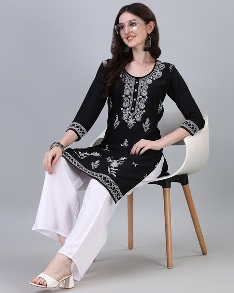 Ada Hand Embroidered Black Georgette Lucknow Chikan Women Short Kurti -  A911126 - Ada - 3528661