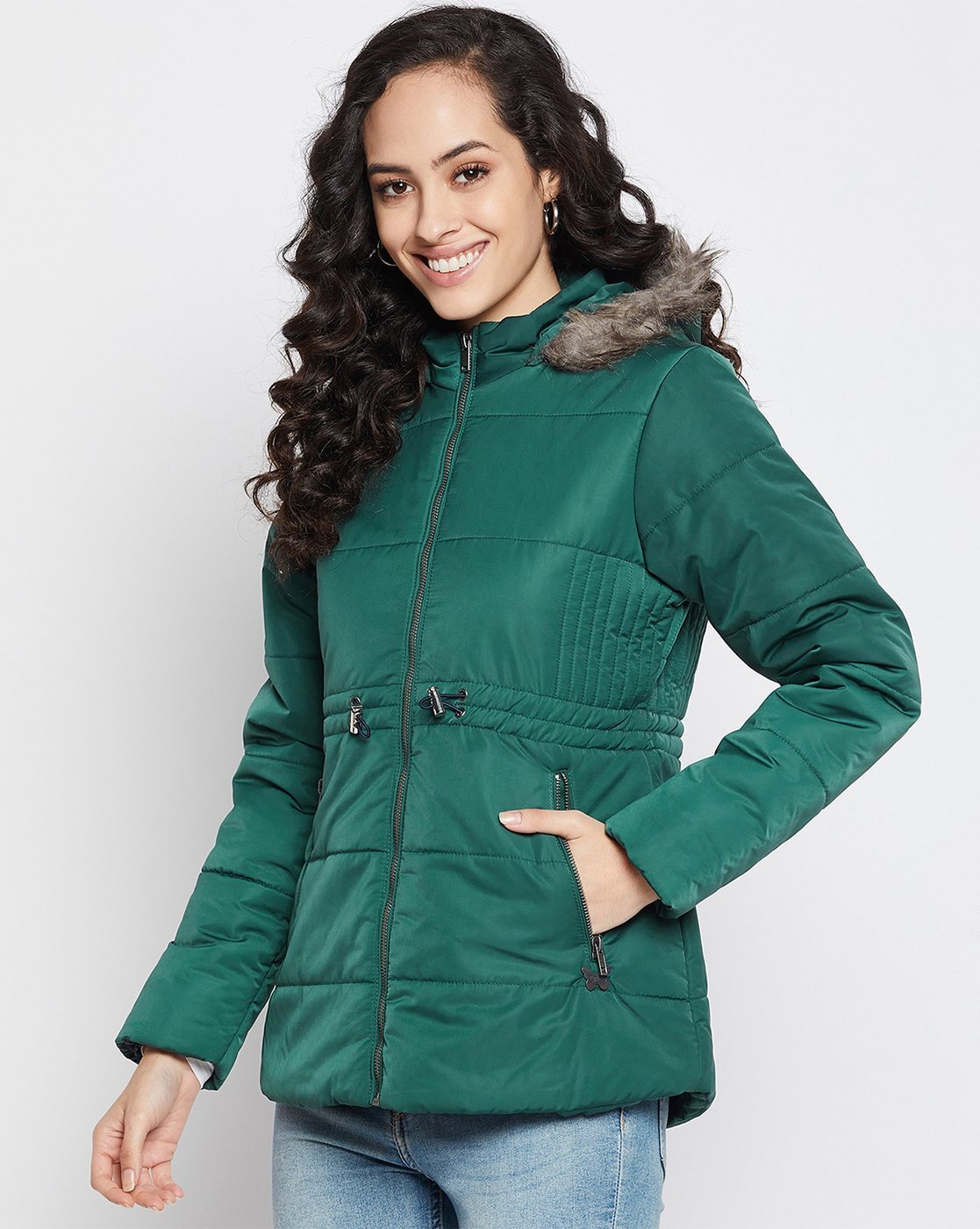 Women's green jacket store with hood