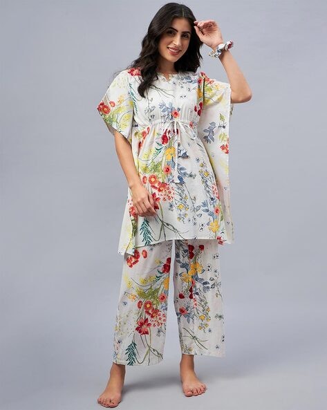 Women night dress suit 100%cotton Hand block print set blue color flor –  Mangogiftsstore