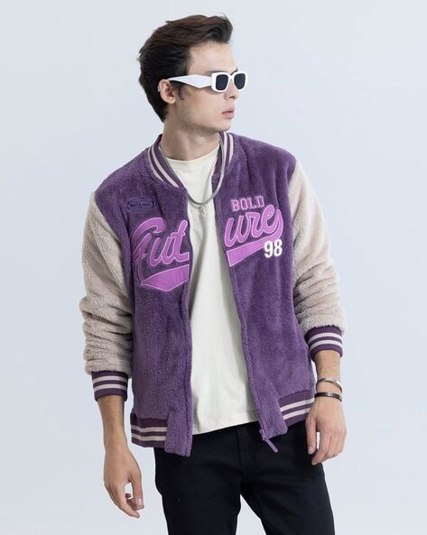 Purple Wool body with Black Leather sleeves Letterman Jacket