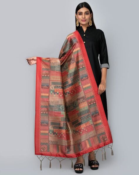 Women Floral Woven Dupatta with Tassels Price in India