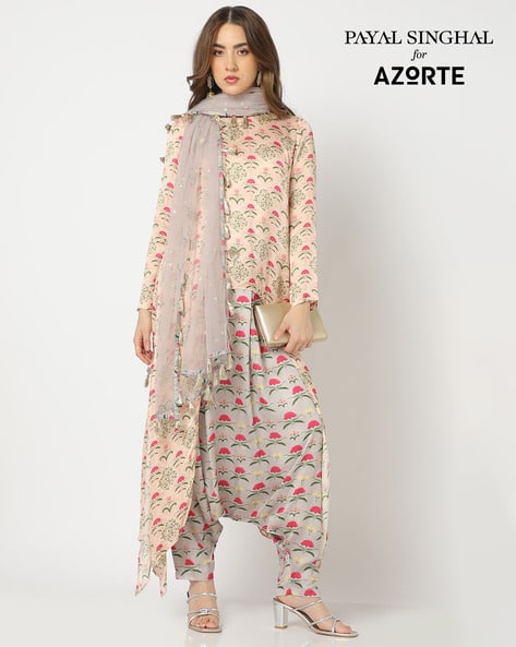 Svrnaa by AZORTE Printed Modal Satin High Low Kurta With Cowl Pants And Dupatta