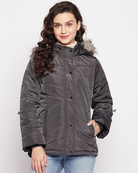 Women Quilted Regular Fit Jacket with Detachable Hoodie