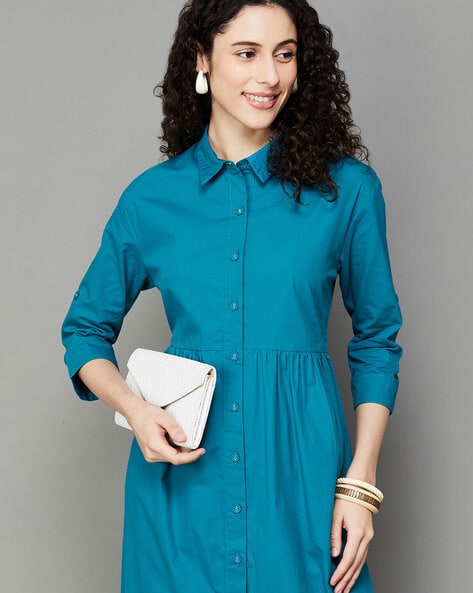 Buy Grey Linen Checks Spread Collar Shirt Dress For Women by B'Infinite  Online at Aza Fashions.
