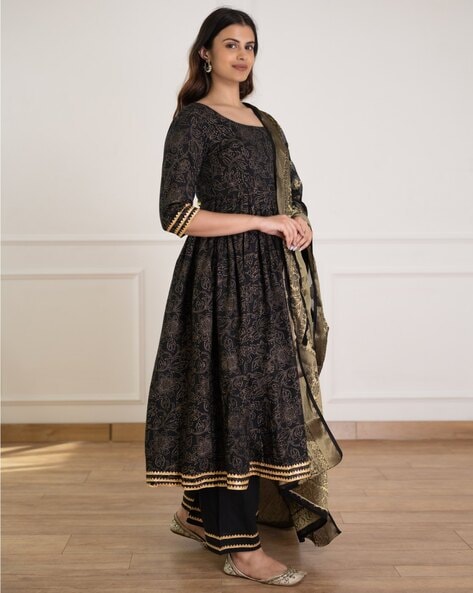 Prodigious Black COlored Velvet Free Size Kurti And Chanderi Banarasi  Mirror Work Dupatta Salwar Suit - RJ Fashion