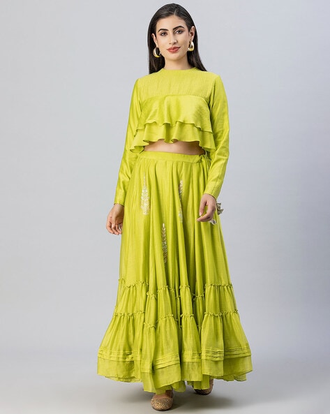 Stylish Crop Top Dress - Orange Skirt & Blue Embroidered Top (M) #42272 |  Buy Crop Top Dress Online