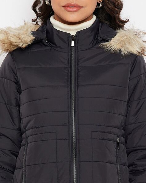 Women Quilted Regular Fit Jacket with Detachable Hoodie