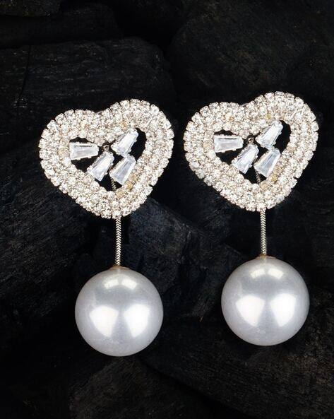 Silver Plated Crystal-Studded Drop Earrings