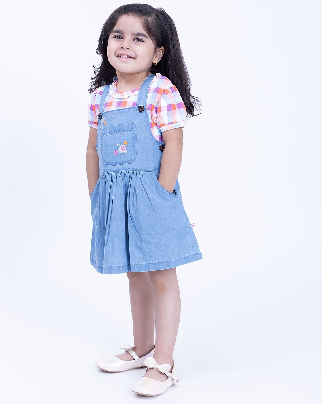 Girls Checked Top with Dungaree Dress