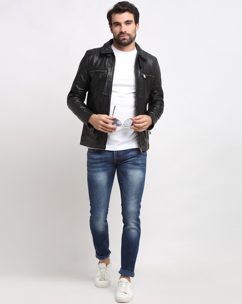 Buy Teakwood Leathers Men Charcoal Grey Solid Leather Biker Jacket -  Jackets for Men 7722999 | Myntra