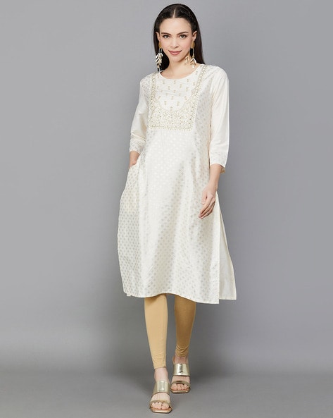 Women's White Cotton Embroidered Kurta With Sequins And Cut Work Collection  at Soch India