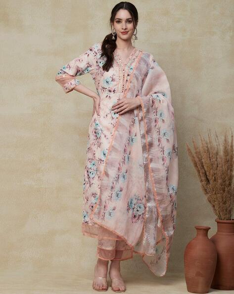 Peach khari printed straight cotton kurta with pants - set of two by Aaheli  | The Secret Label