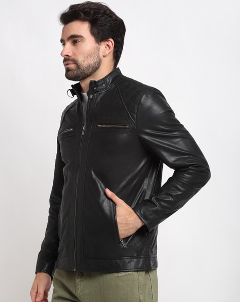 Metal Lion Front Zipper Cognac Ban Neck Collar Men's leather Jacket By