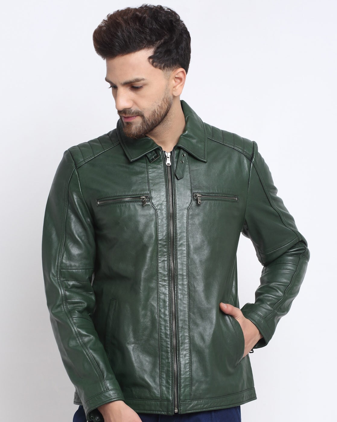 Olive green shop leather jacket mens