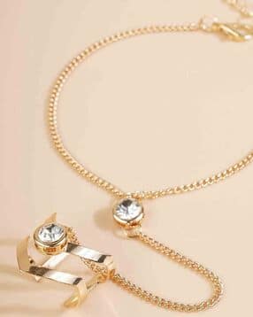 fabula Gold-Plated Crystal Studded Bracelet with Ring-picture-7