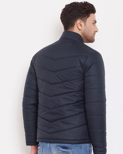 Dark blue leather puffer genuine Quilted jacket for men