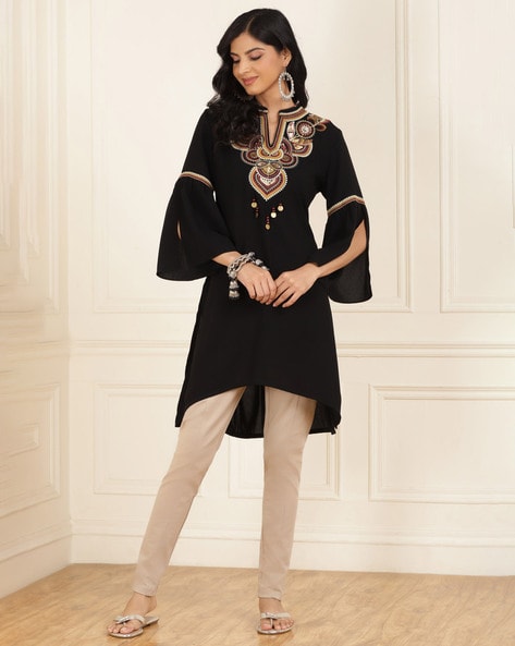 Black Textured Full Sleeve Kurti-22WLK0692-6 – Lakshita