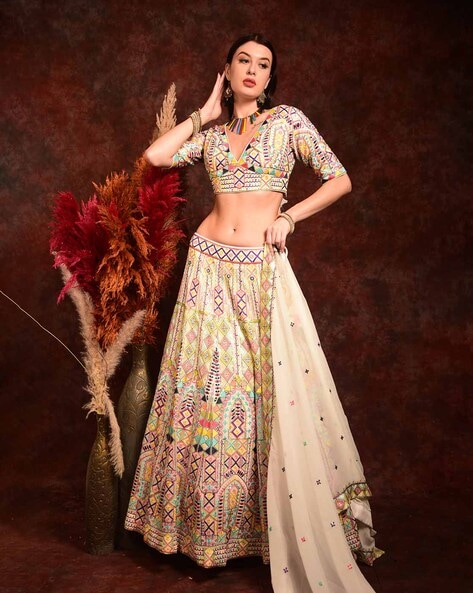 Cream Digital Print Satin Lehenga Choli Latest 2708LG10