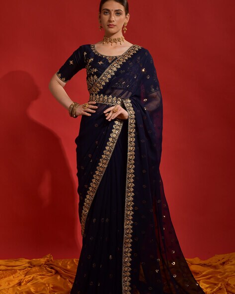 Buy Navy blue Sarees for Women by Awriya Online