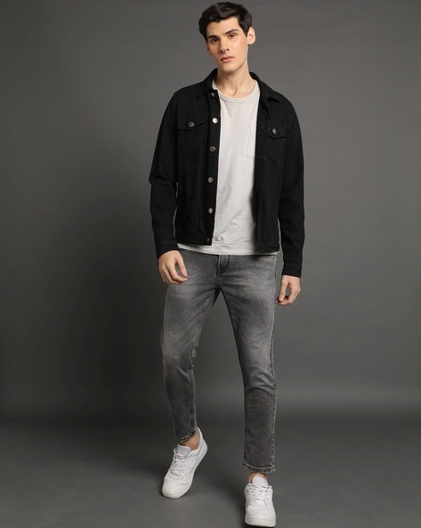 Black denim jacket 2024 with grey jeans