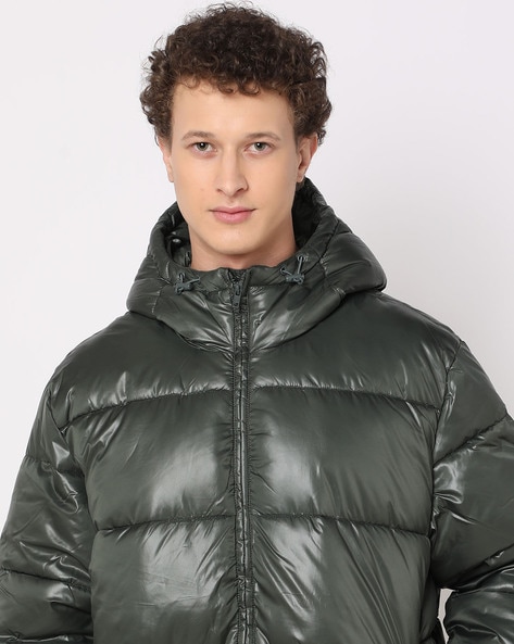 Men Zip Front Regular Fit Hooded Puffer Jacket