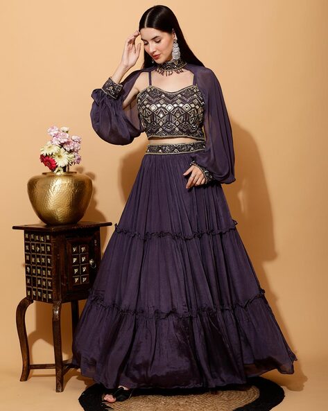 Self Design Semi Stitched Lehenga Choli & Dupatta Set (Black, Purple)