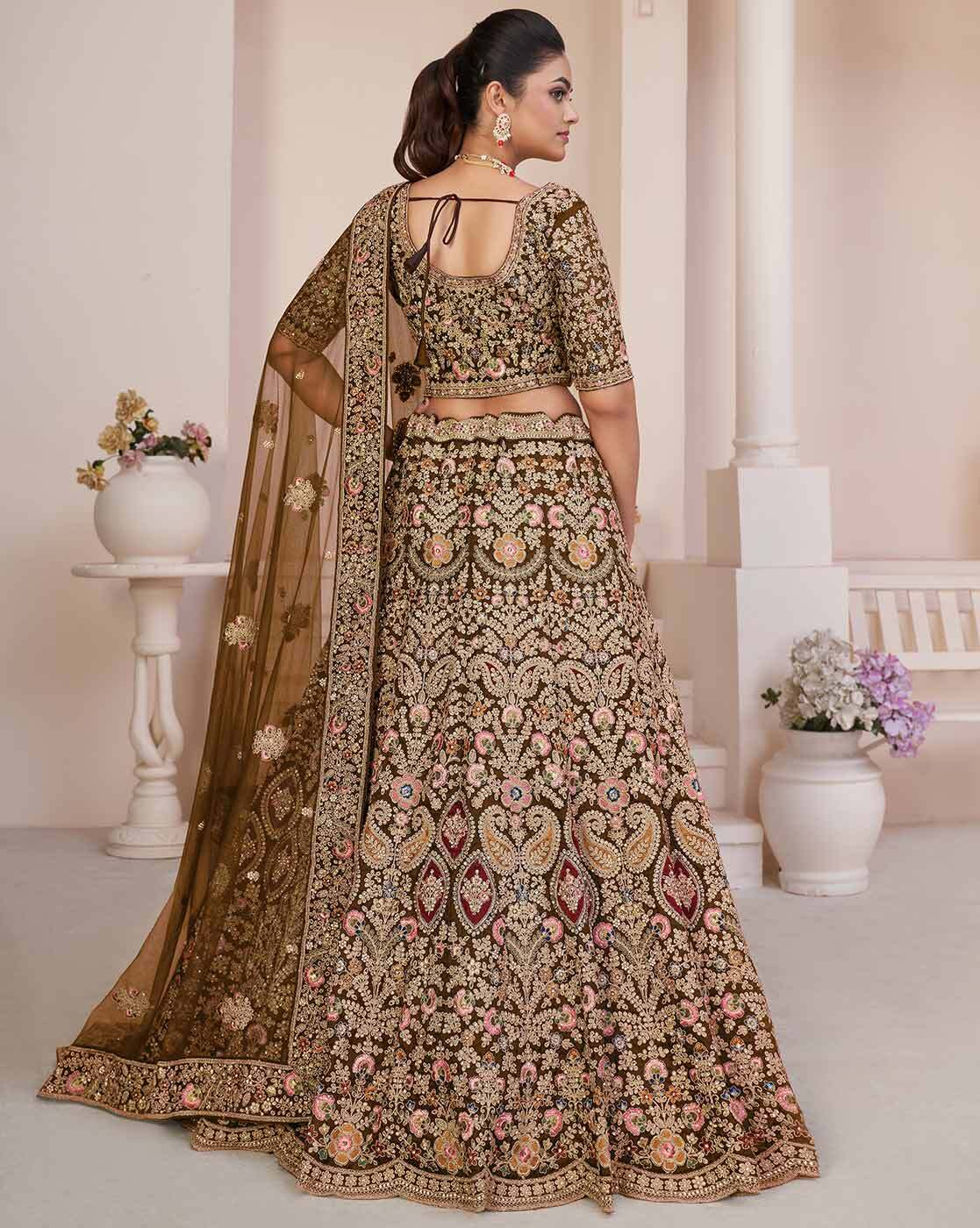 Buy Brown Georgette Paisley Pattern Chikankari Bridal Lehenga Set For Women  by Sawan Gandhi Online at Aza Fashions.