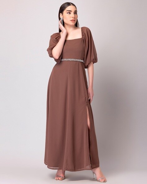 Buy BROWN LACY DOUBLE SLIT MAXI DRESS for Women Online in India