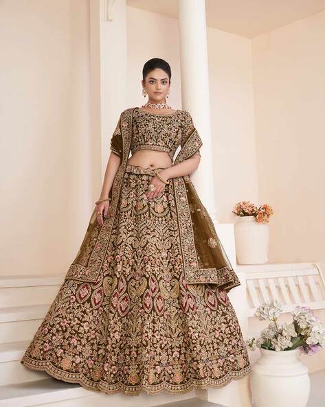 Embellished Chocolate Colour Lehenga Choli Set with Dupatta